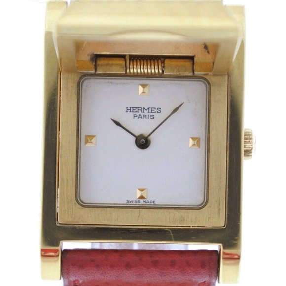 HERMES Medor Watches gold/Red Plated Gold/leather Quartz Women WhiteDial - Picture 1 of 8